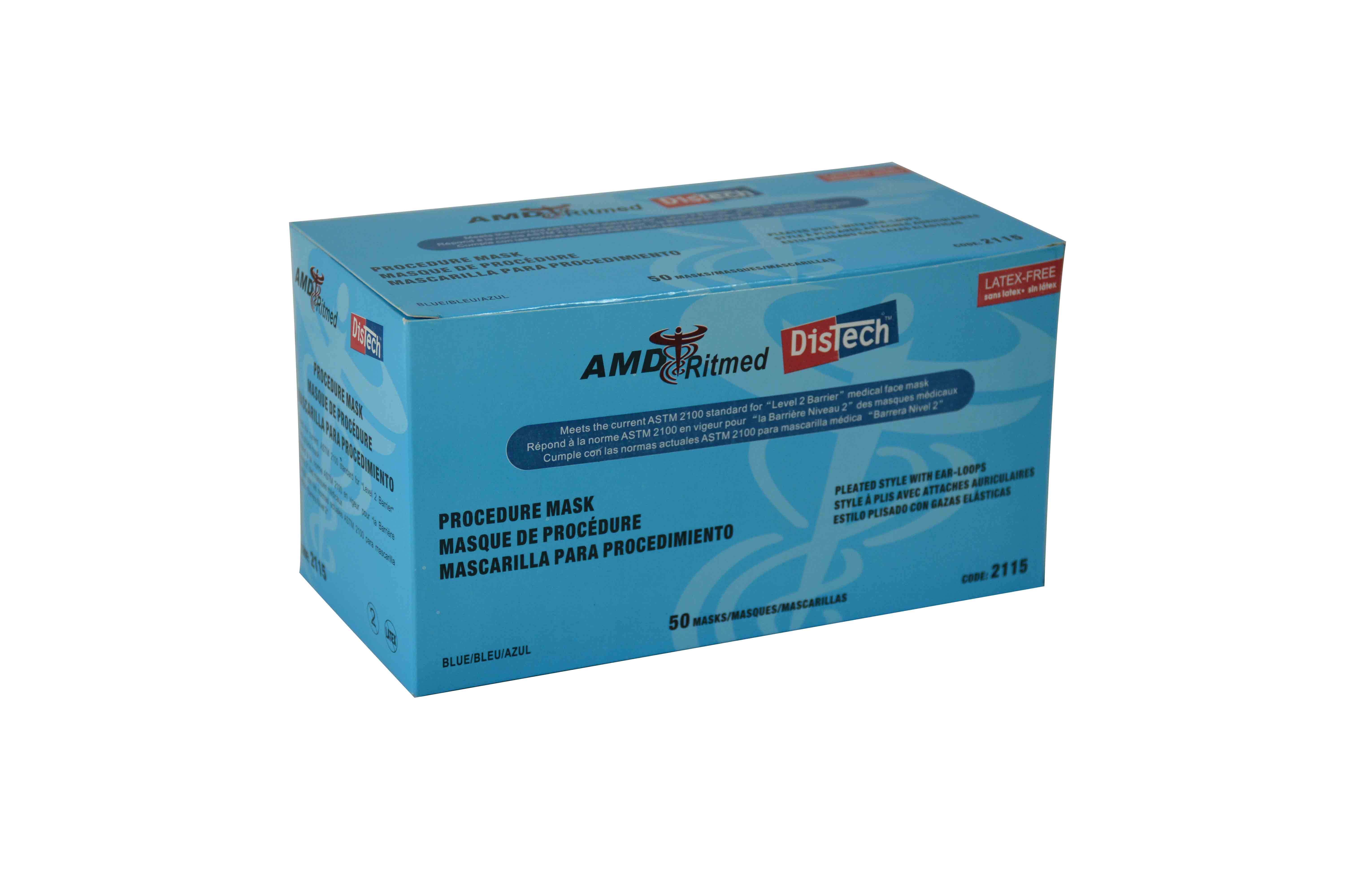 Mask Face Earloop Blue Latex-Free Distech ASTM Level 2 (50/BX 10BX/CS) by AMD Ritmed  ID 2115